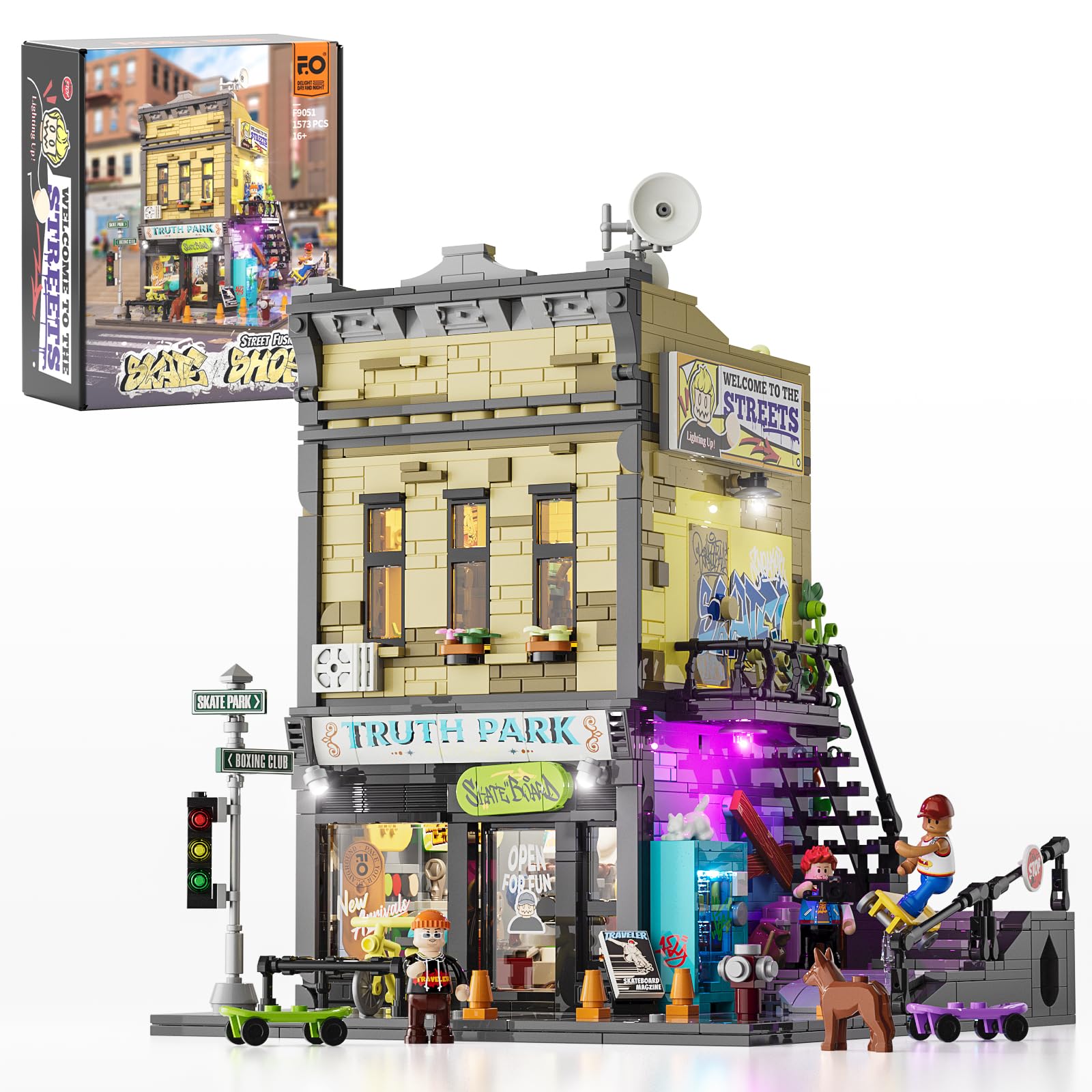 FUNWHOLE Skate Shop Lighting Bricks storefront with violet ambient glow highlighting details.