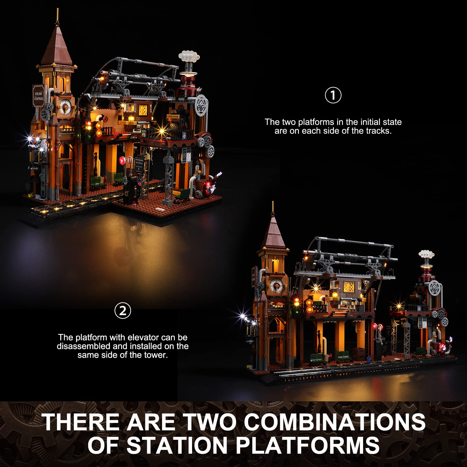 FUNWHOLE Steampunk Railway Station Bricks presents glowing tracks perfect for dramatic display.