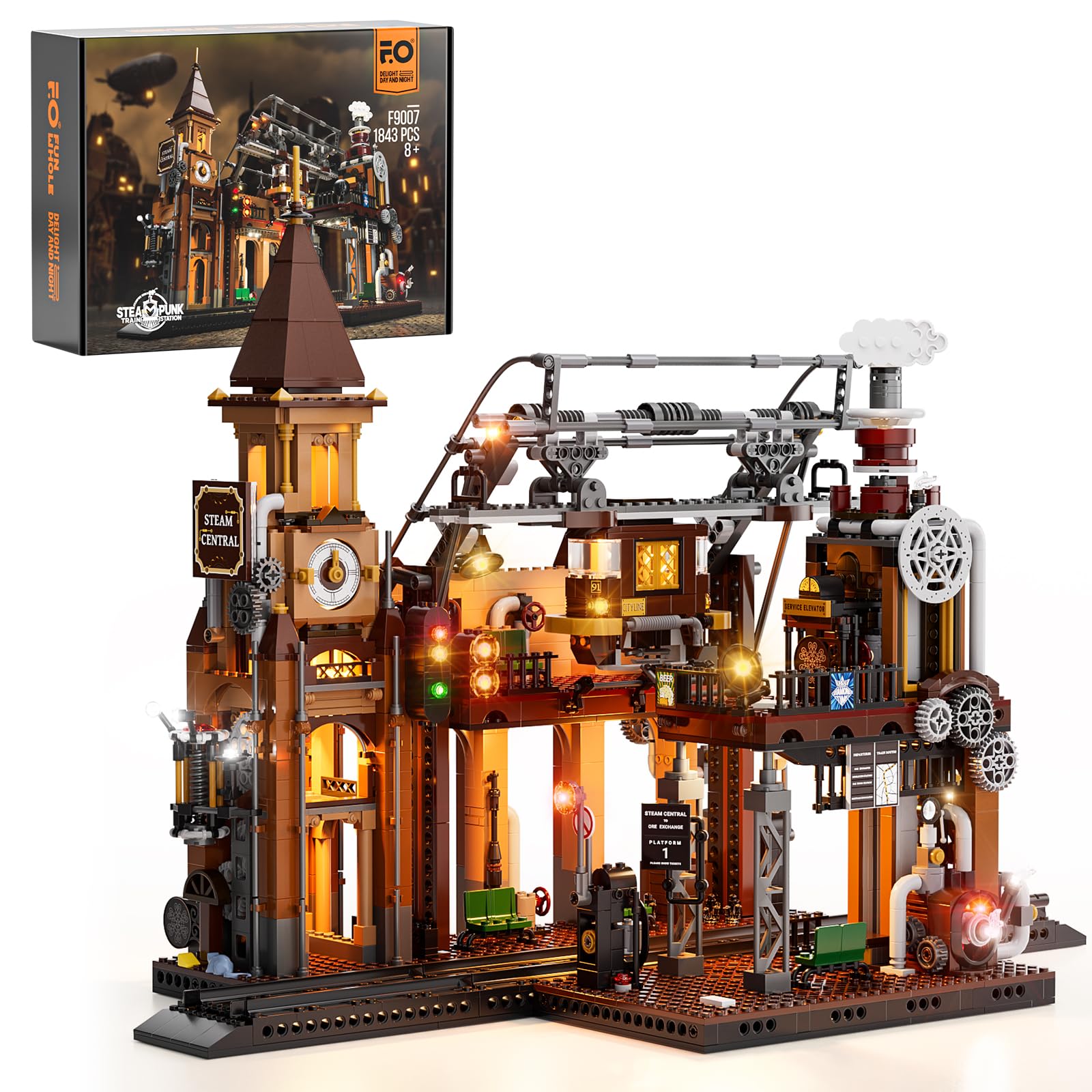 FUNWHOLE Train-Station Lighting Bricks set illuminates scenes for immersive steampunk storytelling.