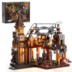 FUNWHOLE Train-Station Lighting Bricks set illuminates scenes for immersive steampunk storytelling.