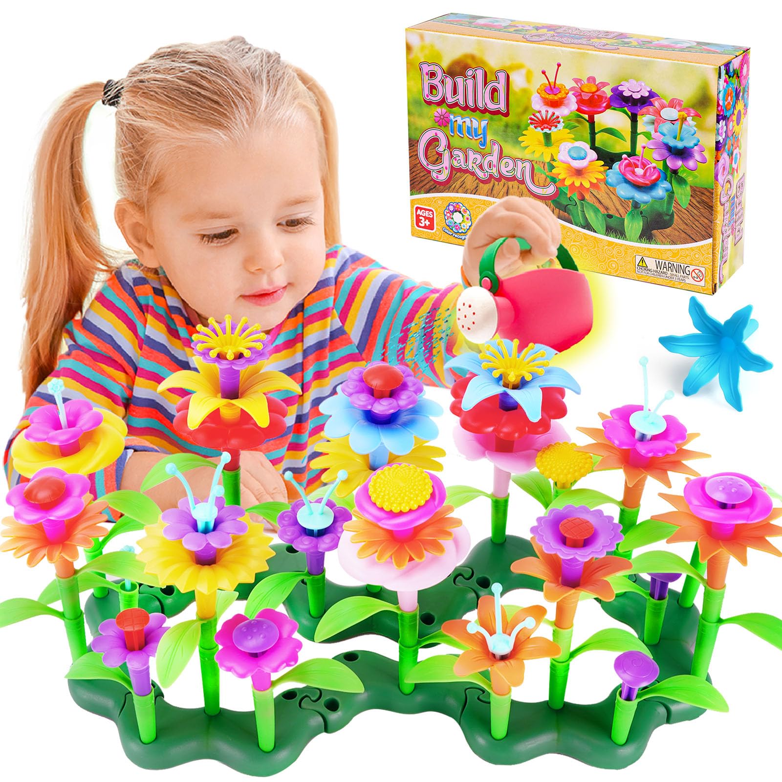 FUNZBO 99pcs flower garden pieces ready for endless colorful builds, boosting fine motor skills.