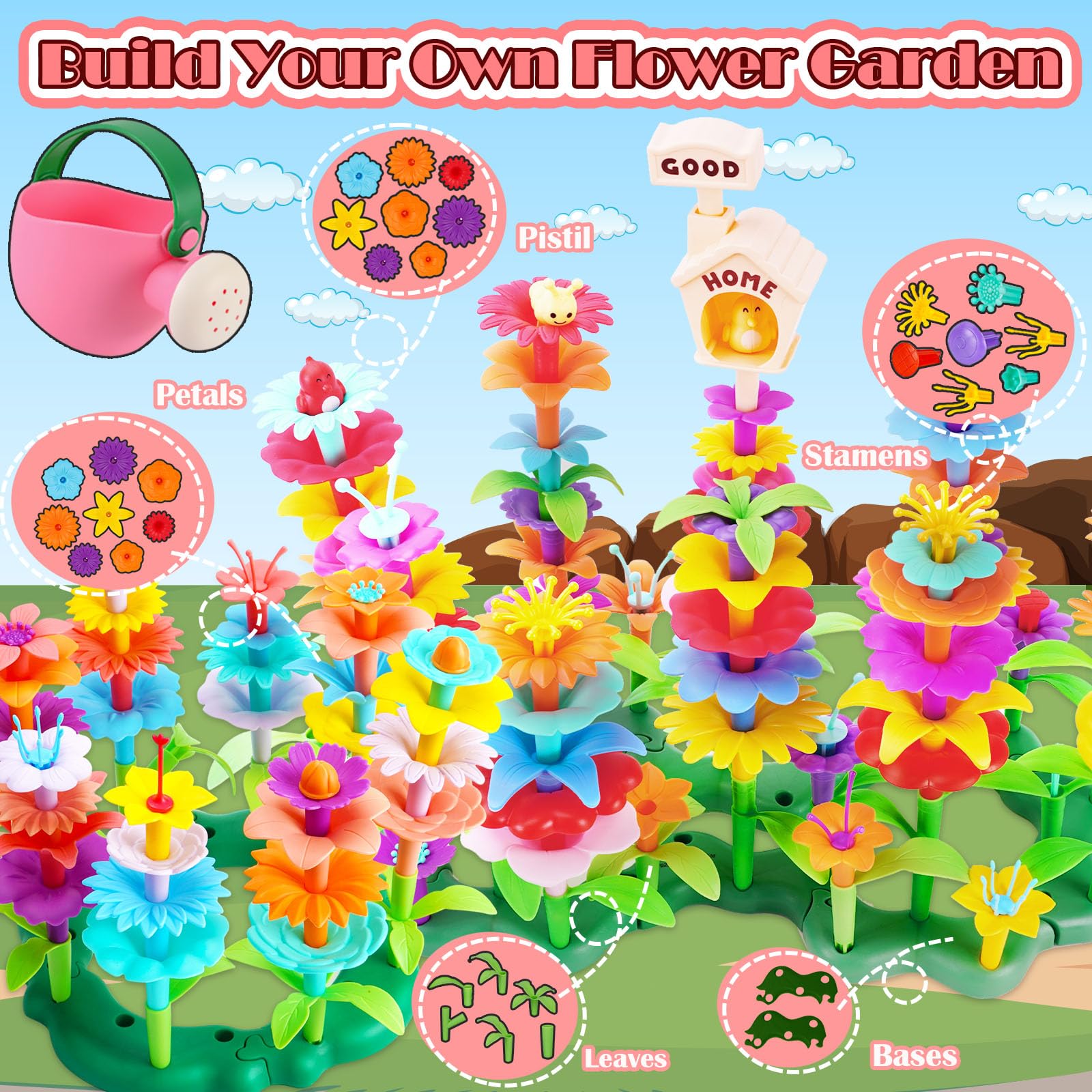 FUNZBO leaves and accessories support imaginative garden scenes and stacking.