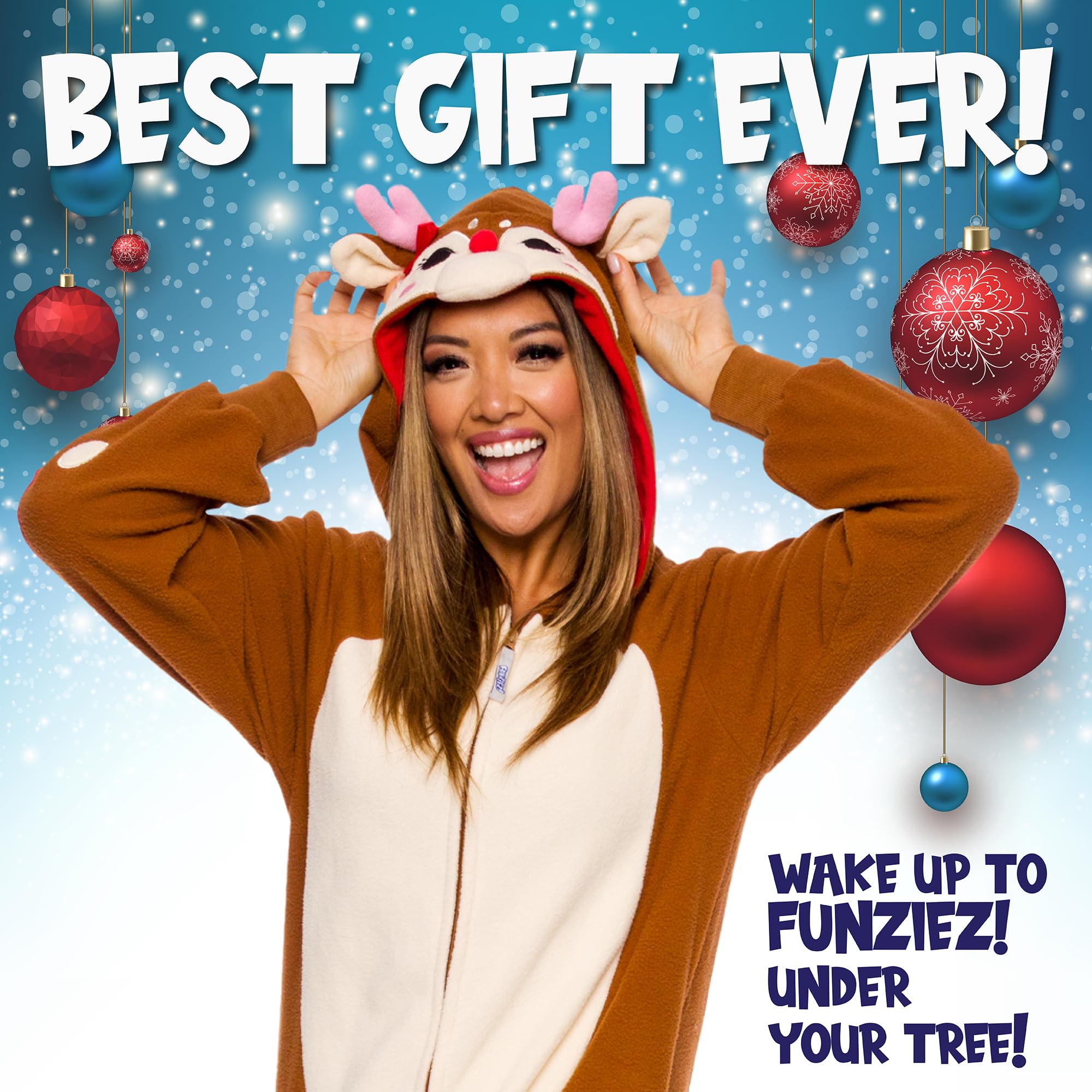Funziez Plush Holiday Onesie front view, soft fabric and playful look