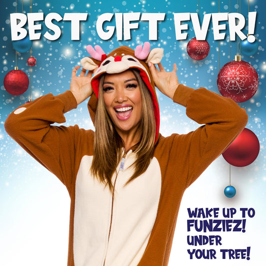 Funziez Plush Holiday Onesie front view, soft fabric and playful look