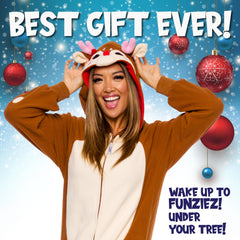 Funziez Plush Holiday Onesie front view, soft fabric and playful look