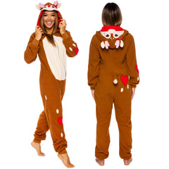 Funziez Womens Reindeer Costume hooded onesie, cozy holiday wear for festive moments