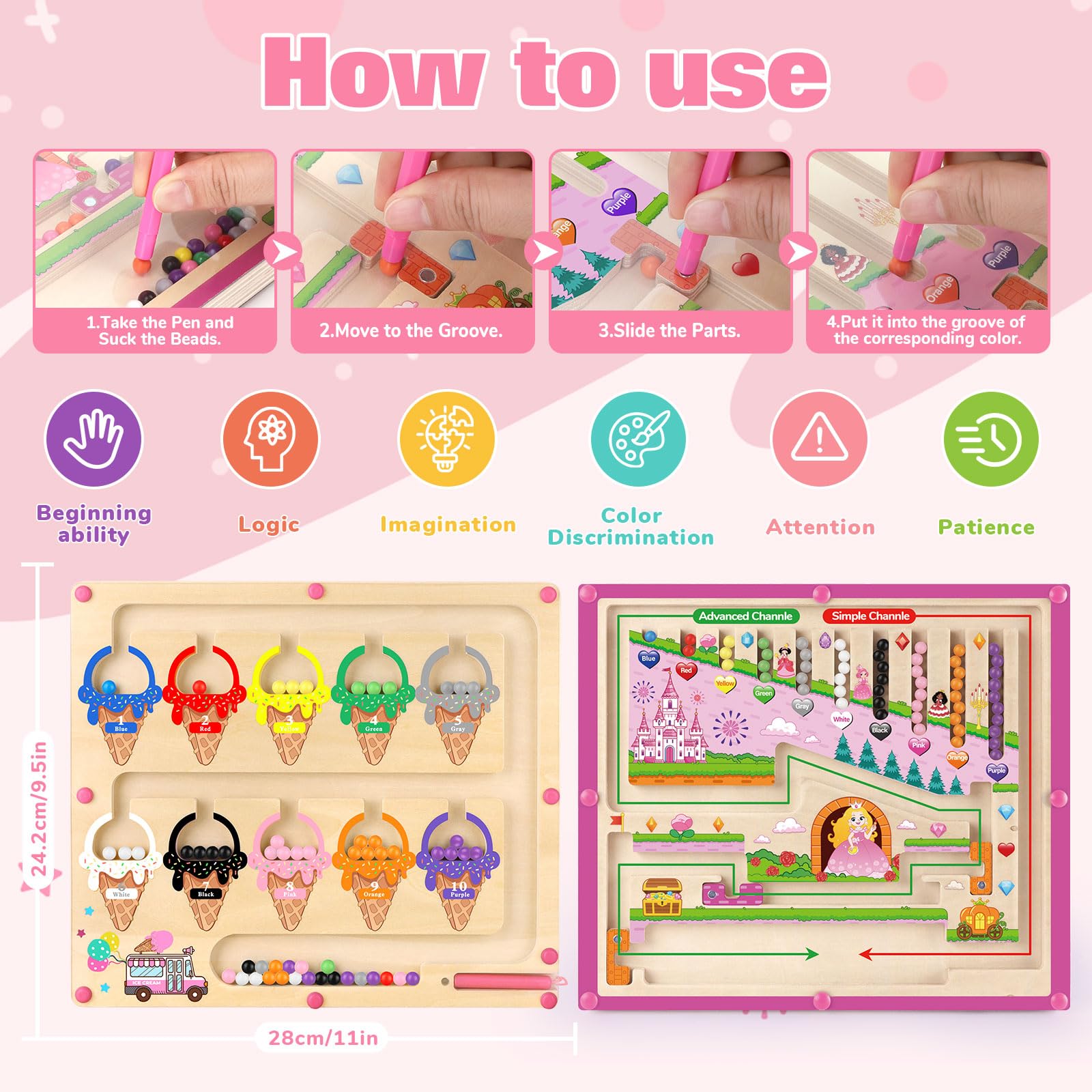 Funzooka magnetic pen and beads enhance hand-eye coordination during play.