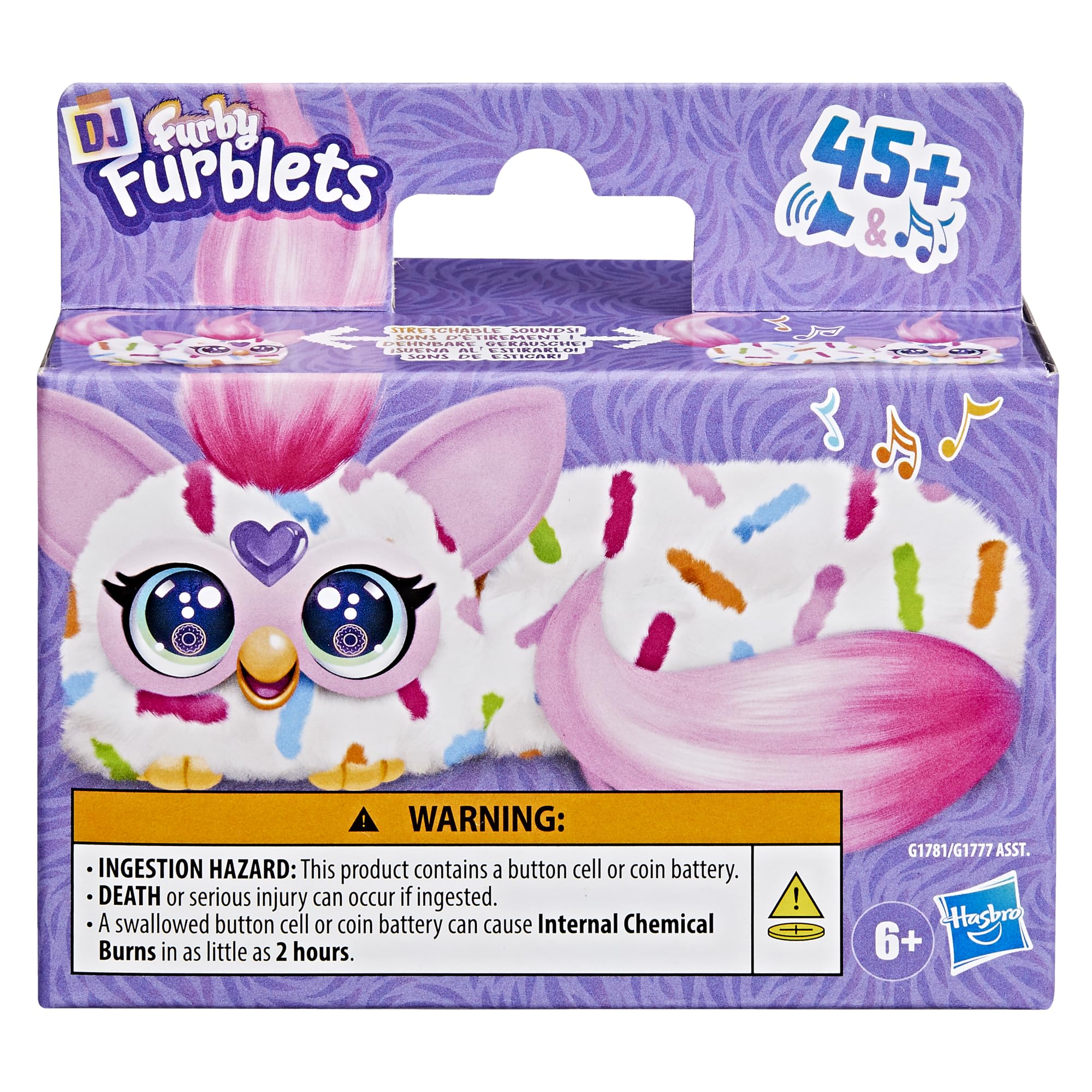 Furby DJ Furblets stretch action demonstrates silly sounds during imaginative play.