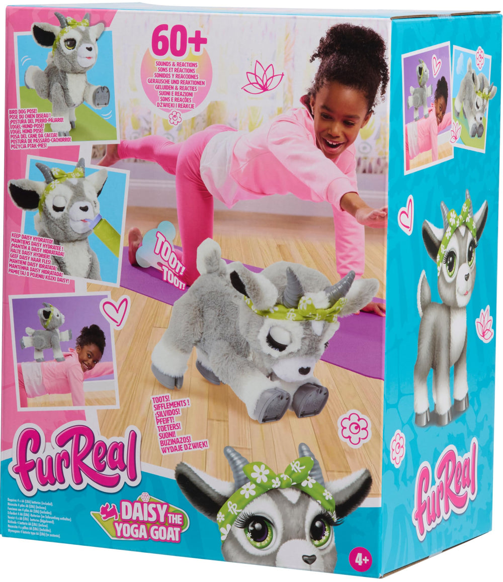 Daisy performs downward dog pose, inviting kids to join in active pretend yoga.