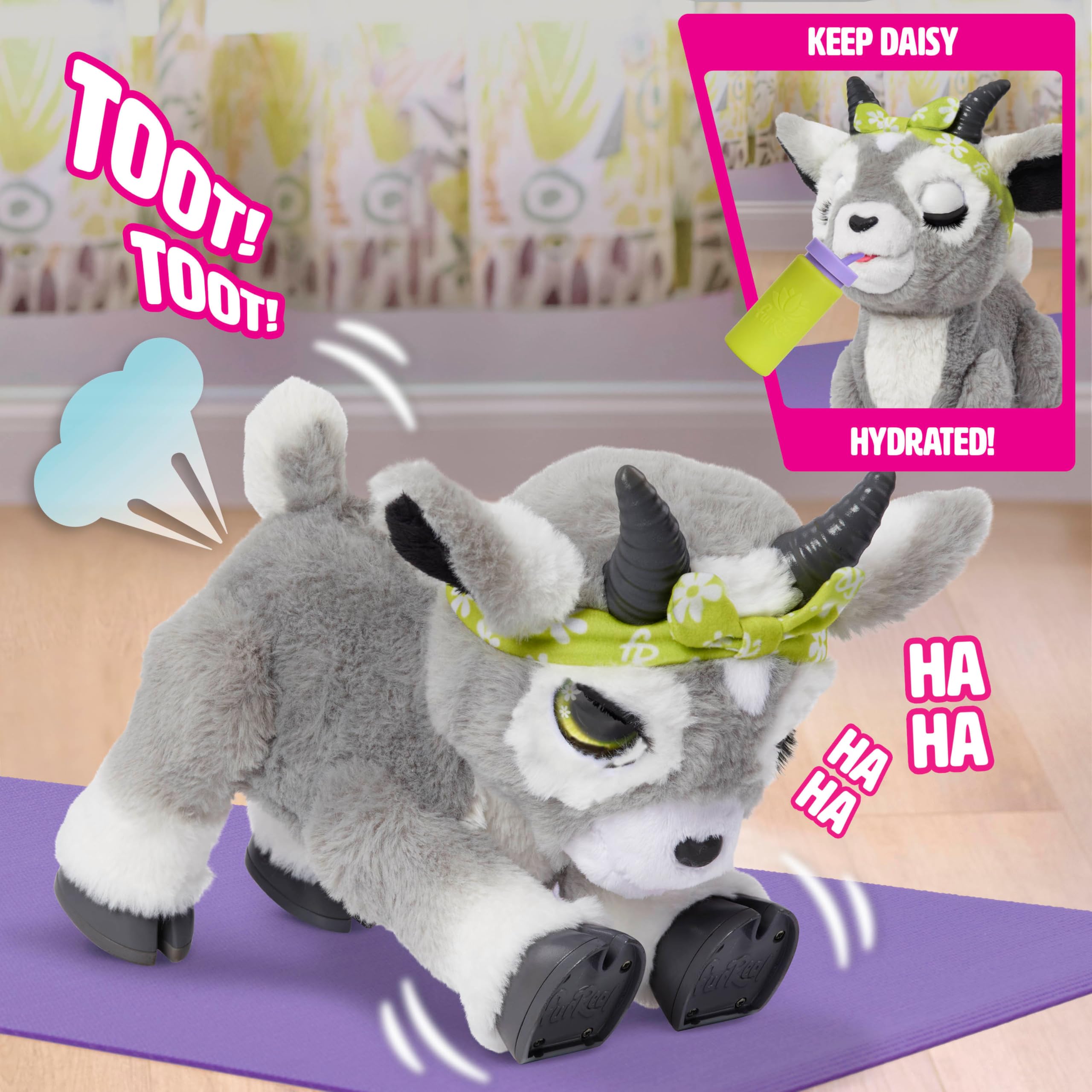 Daisy giggles and bleats during poses, bringing fun sounds to playtime.
