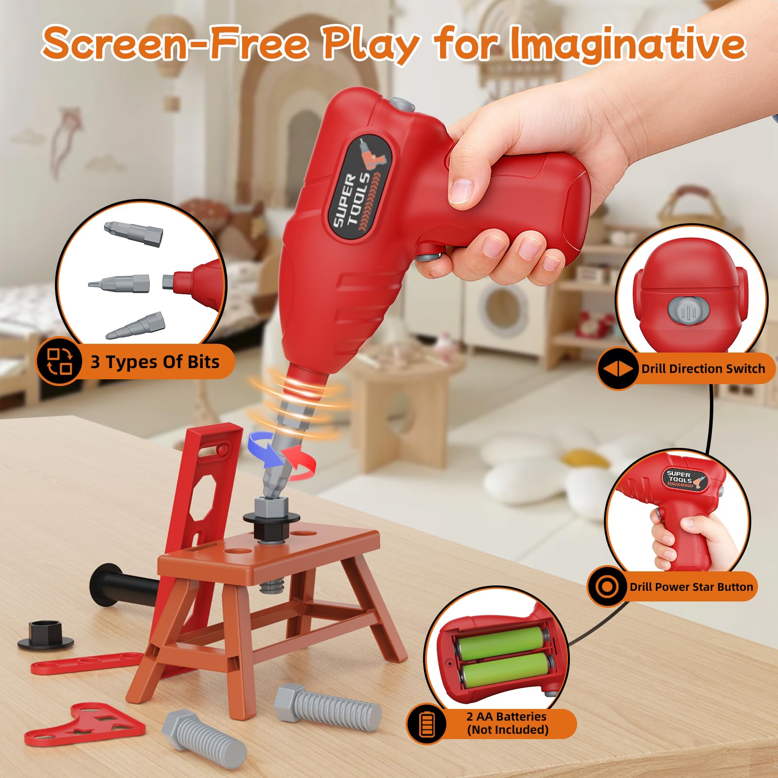 Fursnob realistic power drill with authentic sounds for pretend repairs