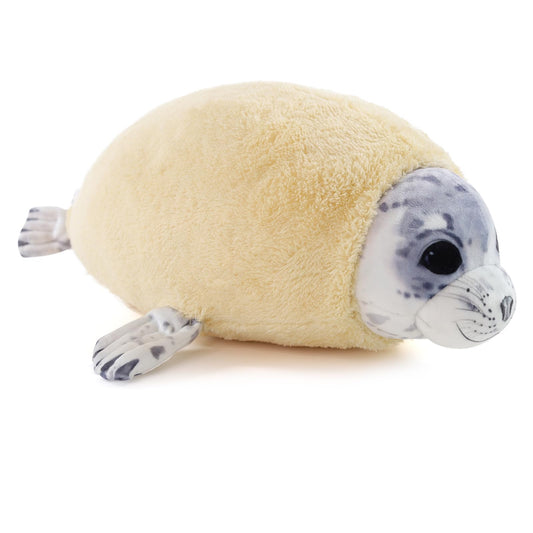 Furvana seal pillow side view, ideal cuddle-ready accessory for desks and couches.