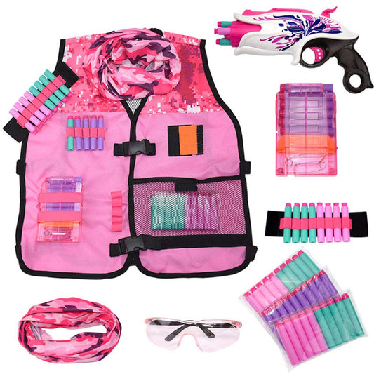 Fury Strike girls pink tactical vest to stay organized during Nerf battles.