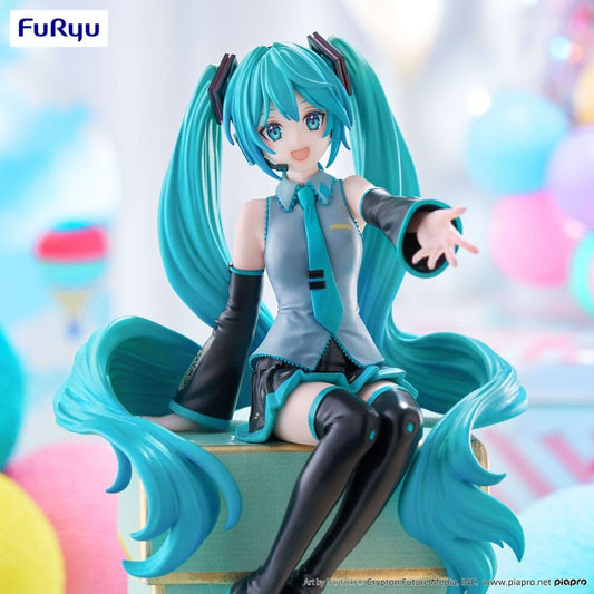 Furyu Hatsune Miku Noodle Stopper Figure with base stand for secure shelf display.