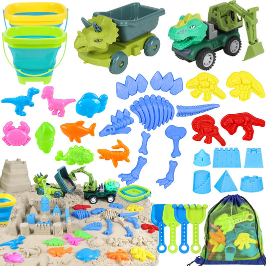 FUSPWEAO Beach Toys 36-piece set with dinosaurs for creative sand play on sunny days.
