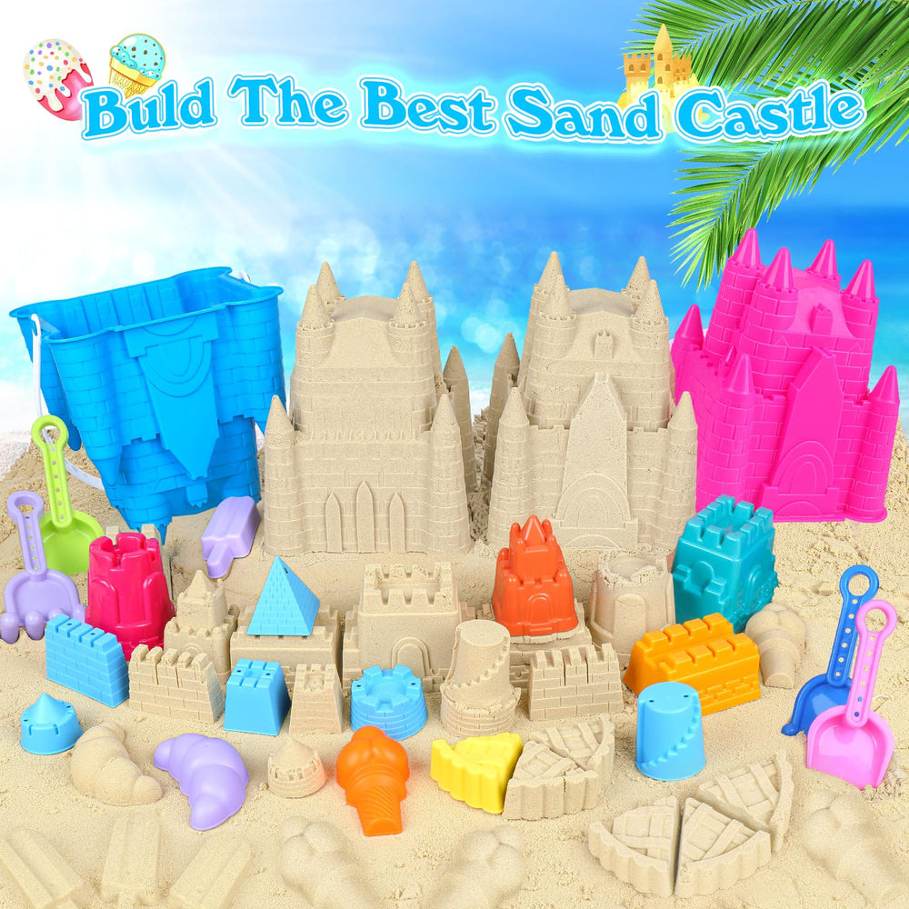 FUSPWEAO cake molds add colorful details to sand sculptures.