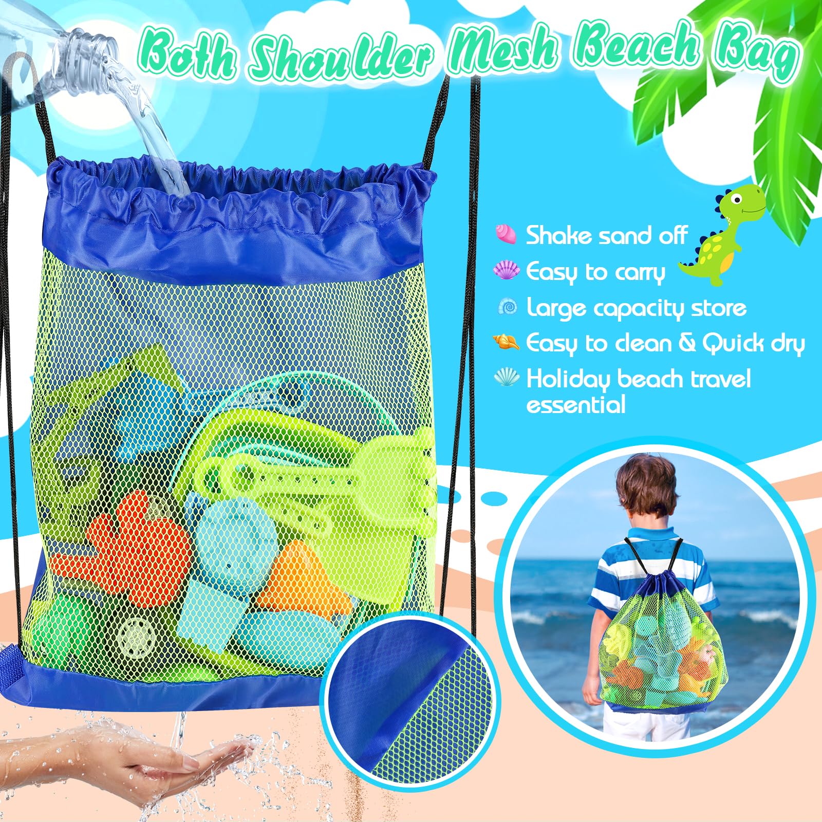 FUSPWEAO shoulder mesh bag for beach toys aids quick drying and easy carry.