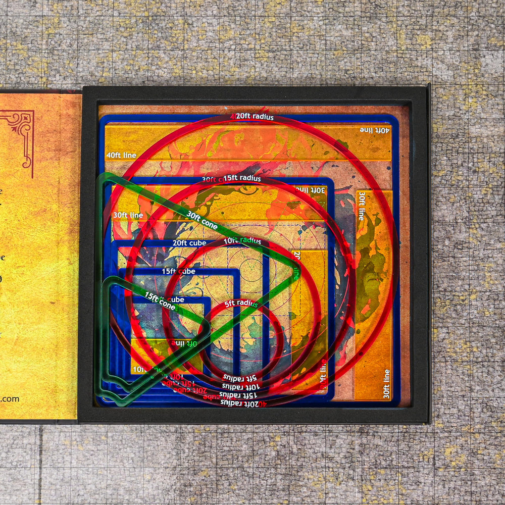 Futhark AOE templates feature high-contrast white paint on acrylic ranges.