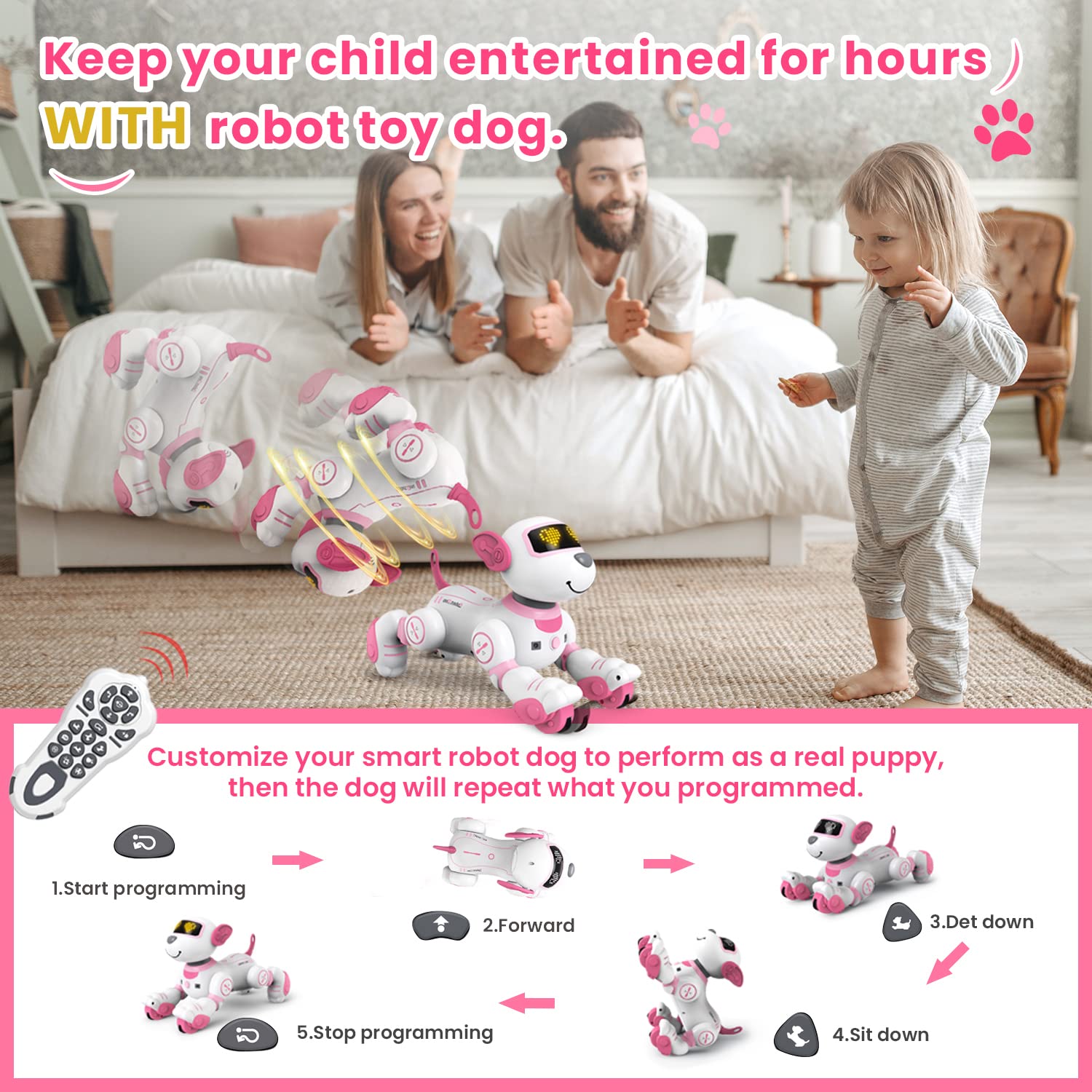 FUUY robot dog toy reacts to chin touch with playful sounds.
