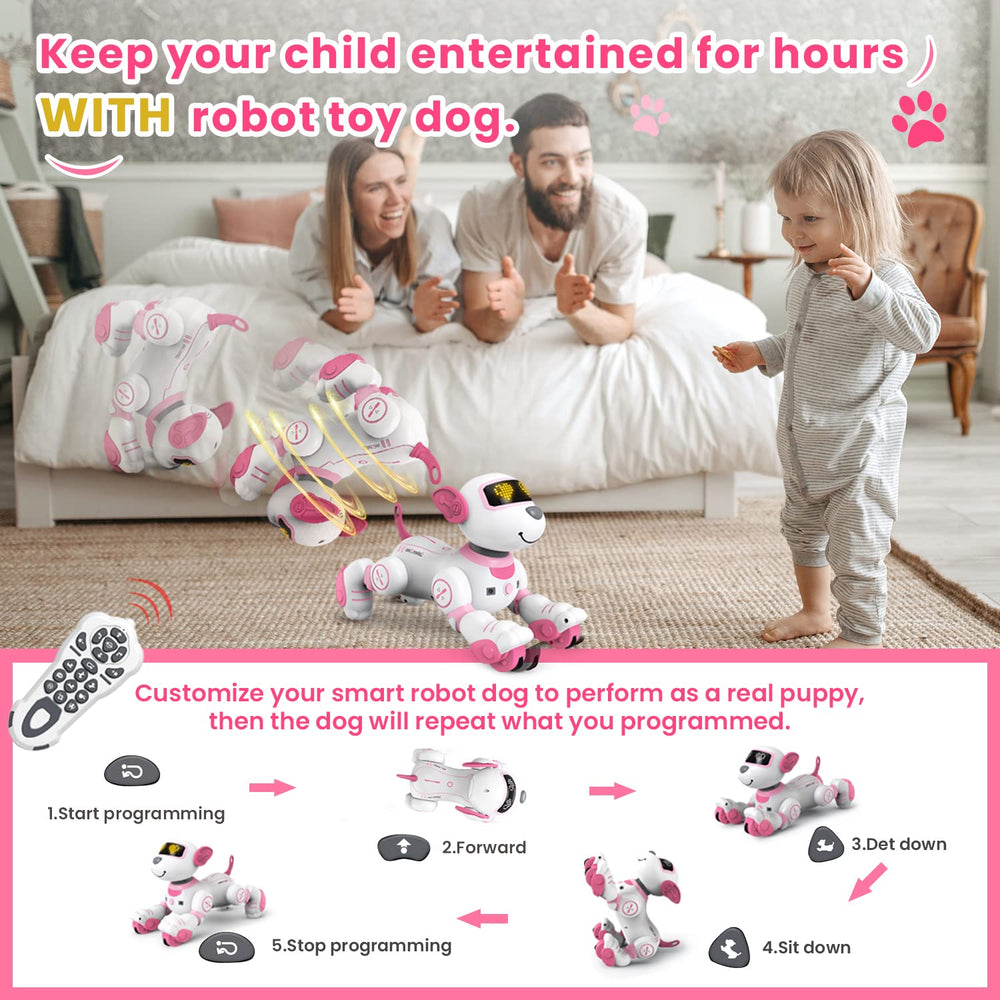 FUUY robot dog toy reacts to chin touch with playful sounds.