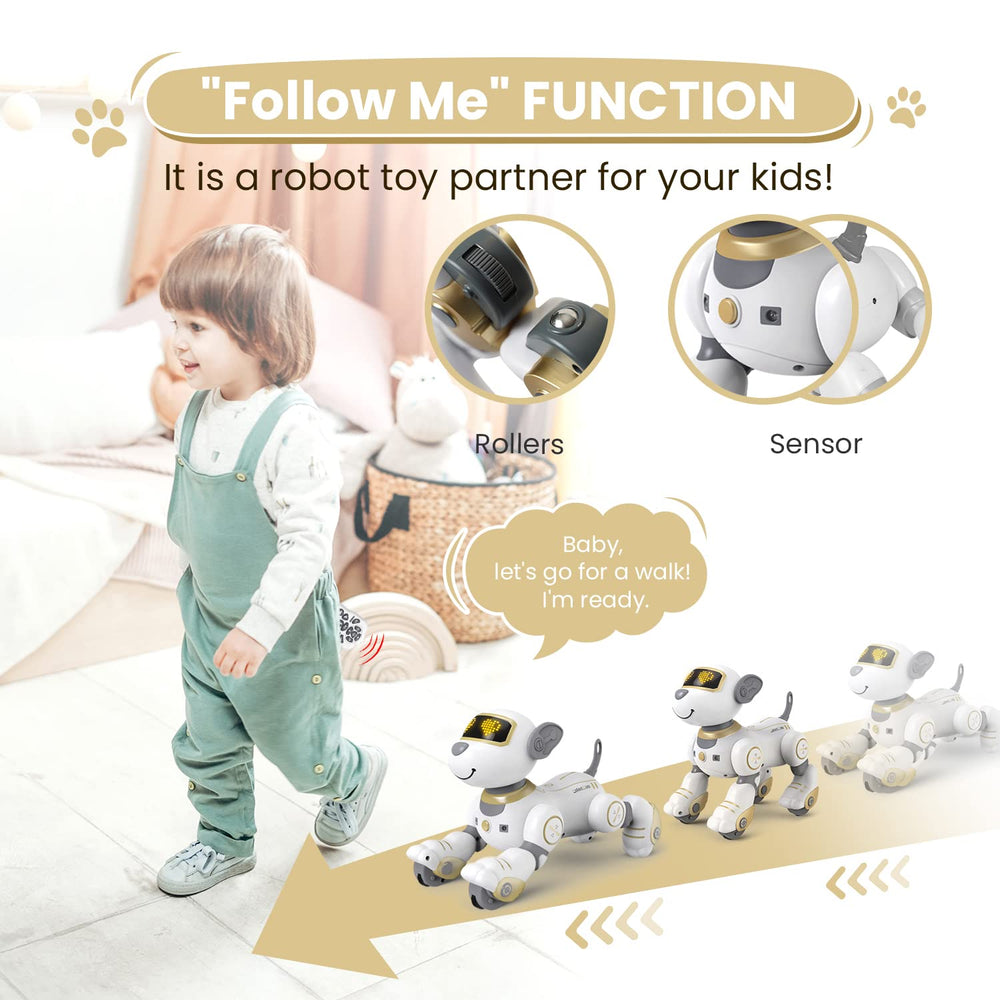 FUUY Robot Dog chin-touch sounds trigger interactive play for curious kids.