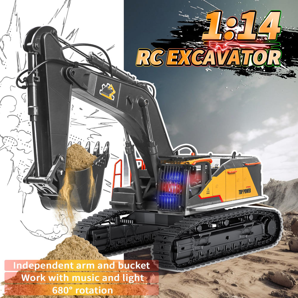 FUYLE 22-channel RC excavator alloy shovel ensures durable digging action.
