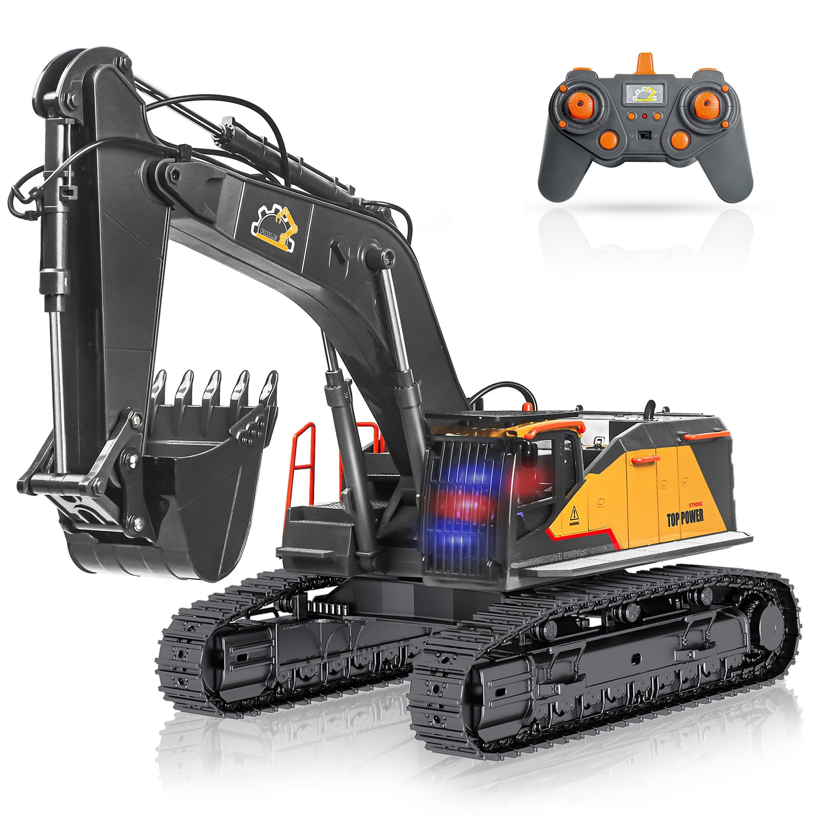 FUYLE 22-channel RC excavator arm digging action for realistic play indoors.