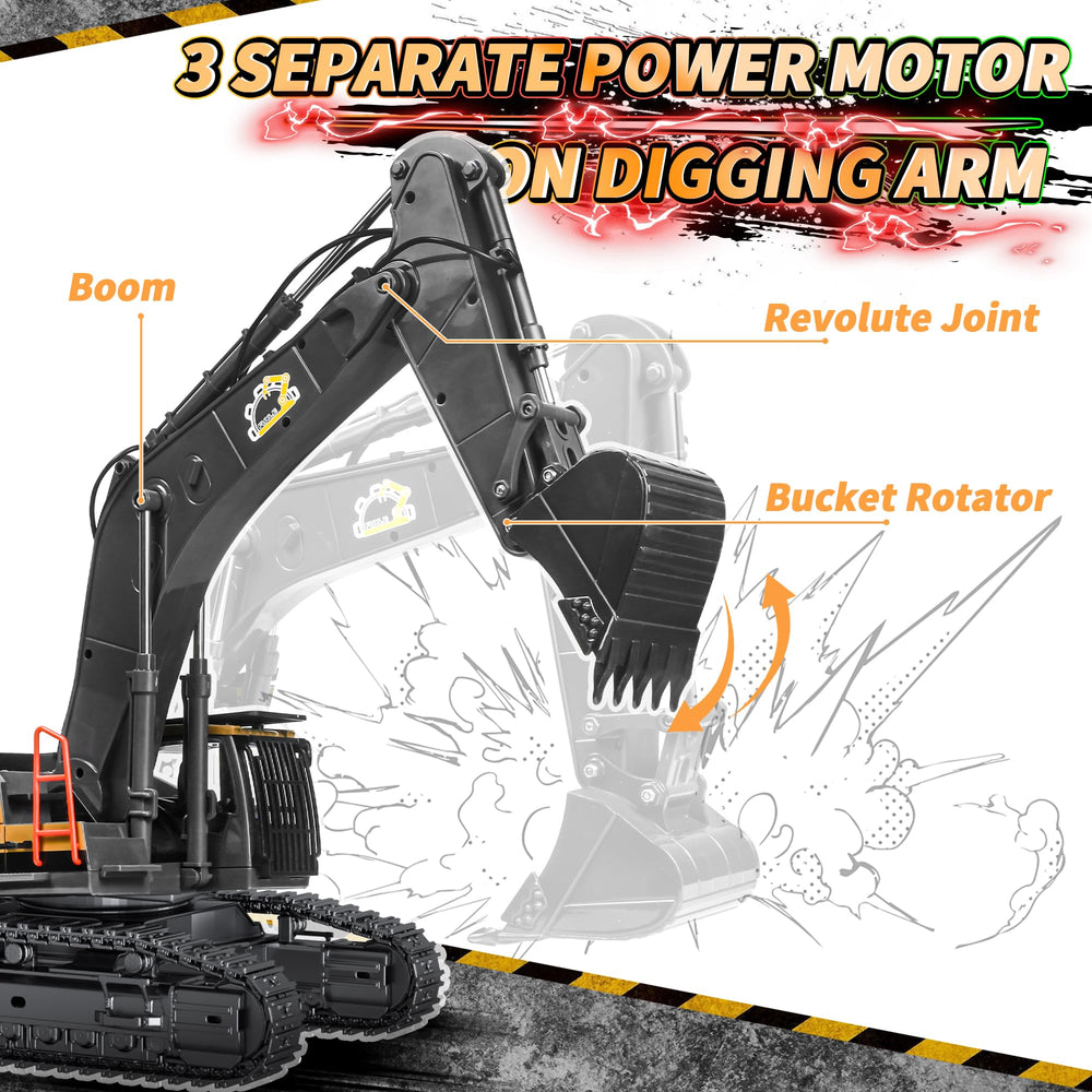 FUYLE 22-channel RC excavator rechargeable battery pack powers long sessions.