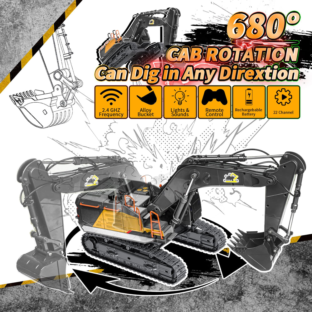FUYLE 22-channel RC excavator lights and sounds enhance lifelike construction play.