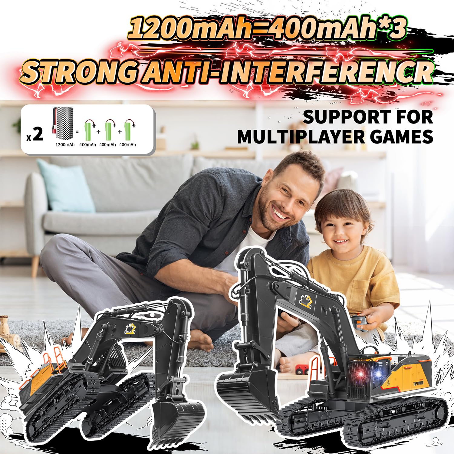 FUYLE 22-channel RC excavator robust ABS body withstands rugged play.