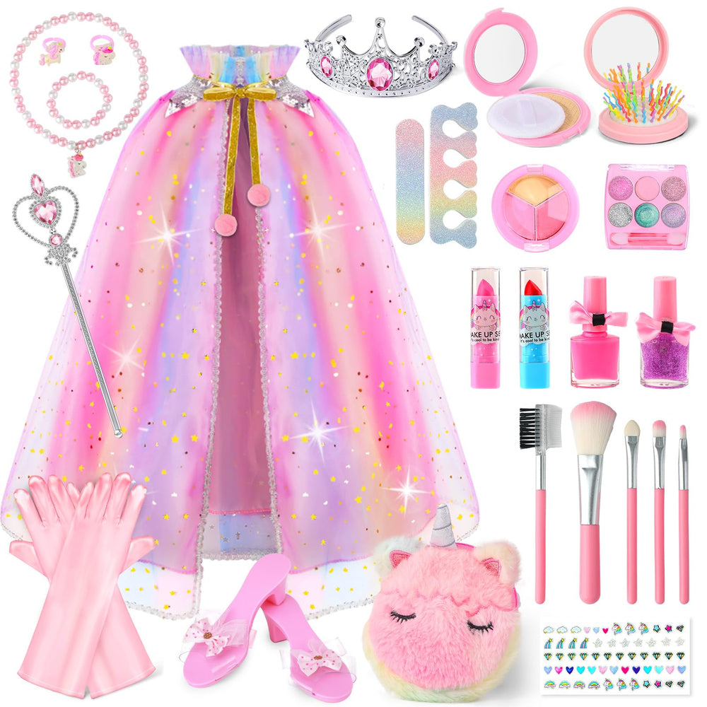 Fuzmo Kids Makeup Kit cape and crown showcase a magical dress-up moment that sparks imagination.