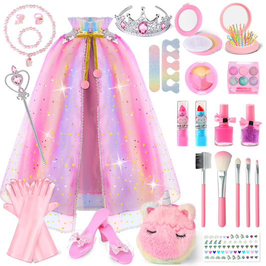 Fuzmo Kids Makeup Kit cape and crown showcase a magical dress-up moment that sparks imagination.