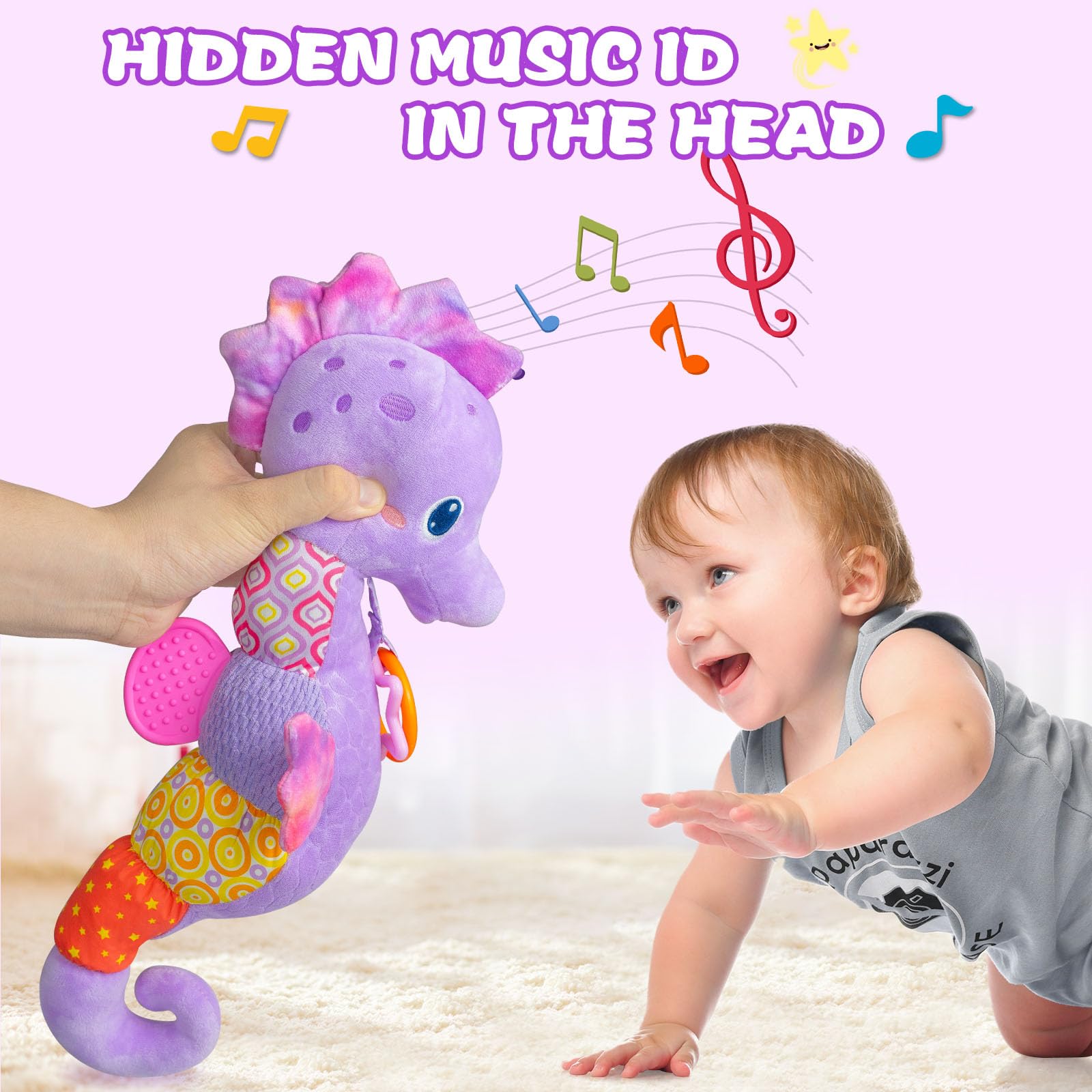 Fuzqq Seahorse musical toy back view highlighting textured panels