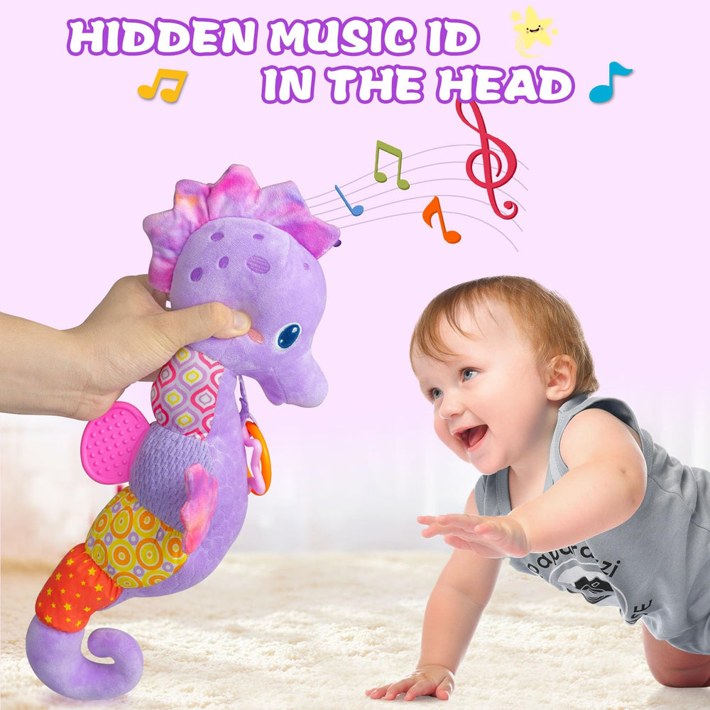Fuzqq Seahorse musical toy back view highlighting textured panels