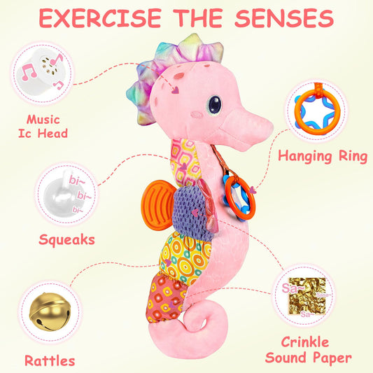 Fuzqq seahorse toy neck area emits gentle sounds to engage babies