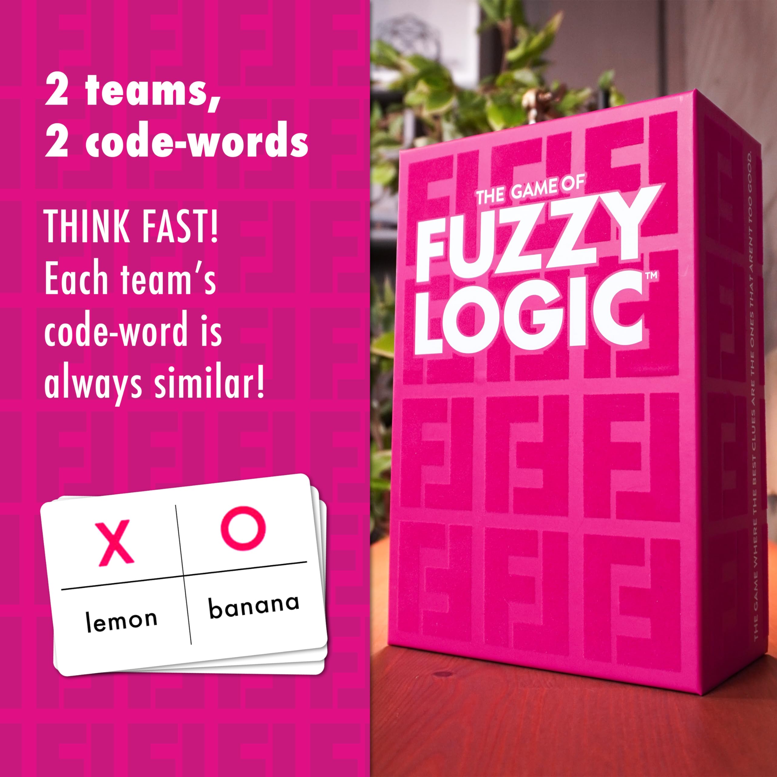 Fuzzy Logic teams at table, highlighting a lively word guessing challenge for friends.