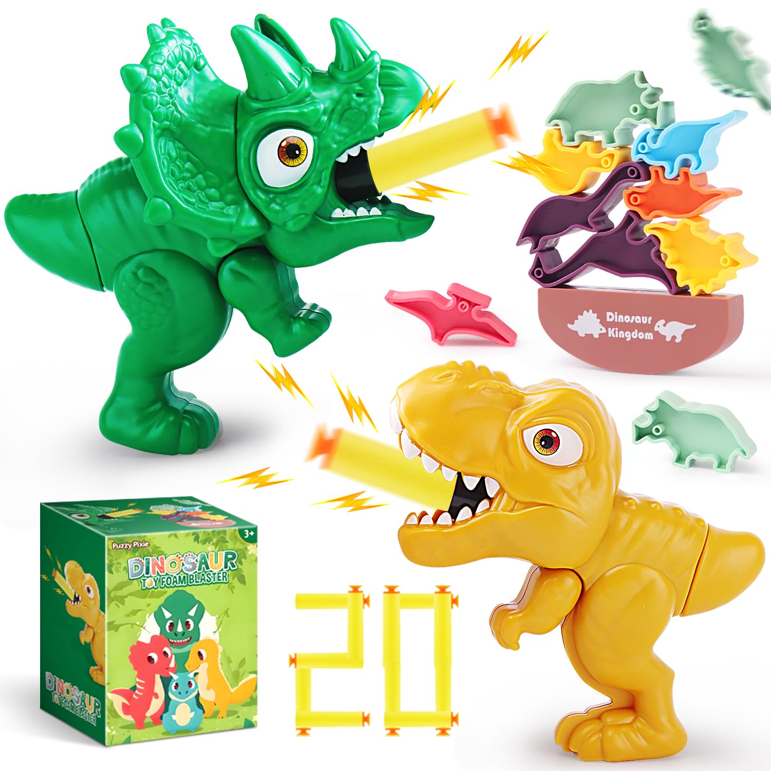 Fuzzy Pixie dinosaur blaster green Triceratops for safe indoor play