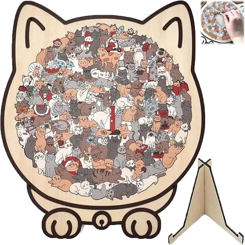 FVELPLT cat-shaped puzzle 135 pieces assembled as wall art.