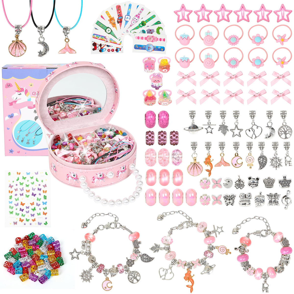 FVUUKOSIIT bracelet-making kit in pink box supports creativity and bonding during DIY projects.