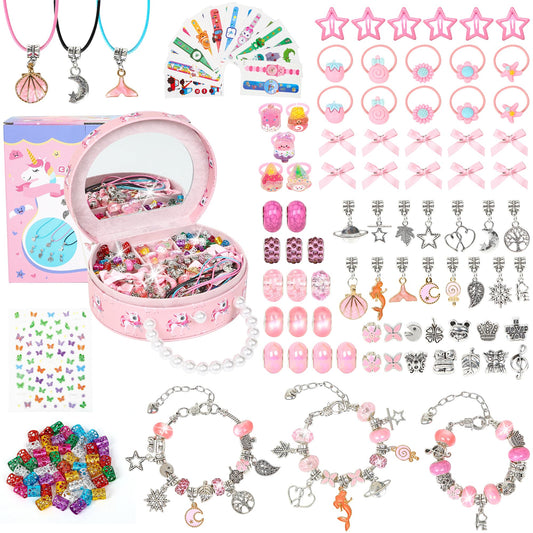 FVUUKOSIIT bracelet-making kit in pink box supports creativity and bonding during DIY projects.