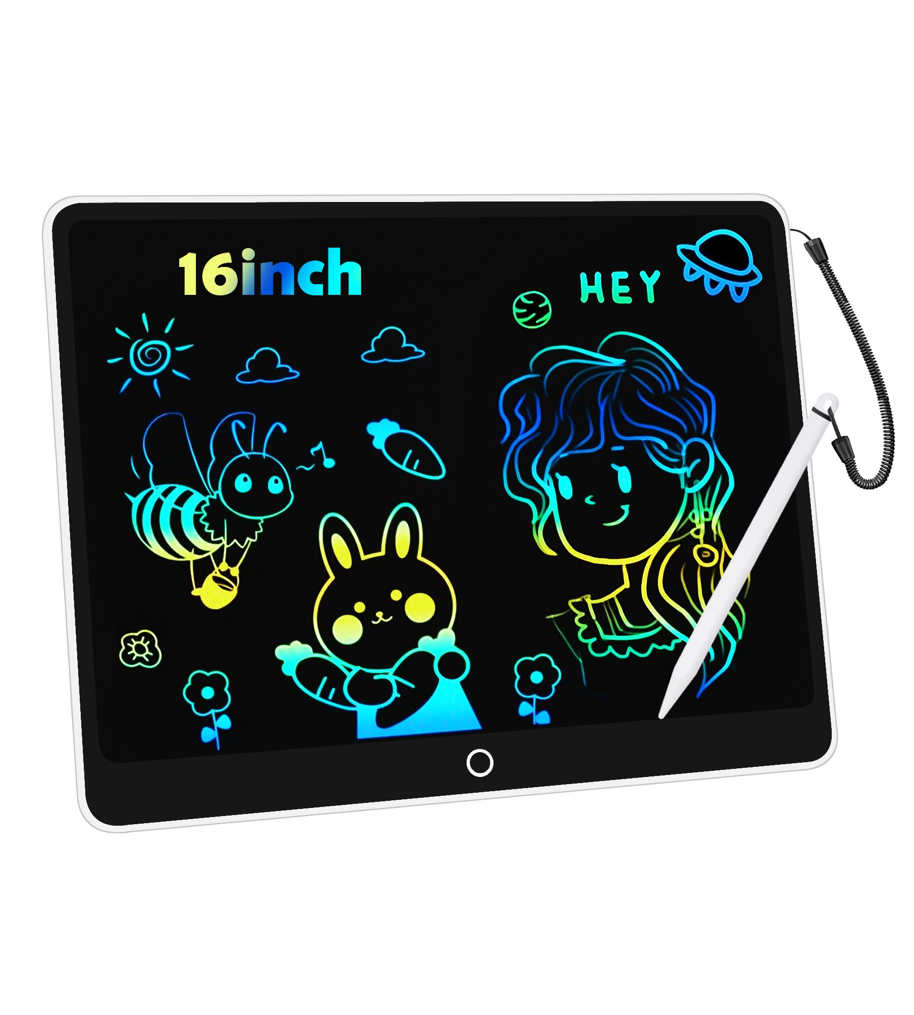 FXI LCD Writing Tablet 16-inch front view shows a colorful drawing surface for kids