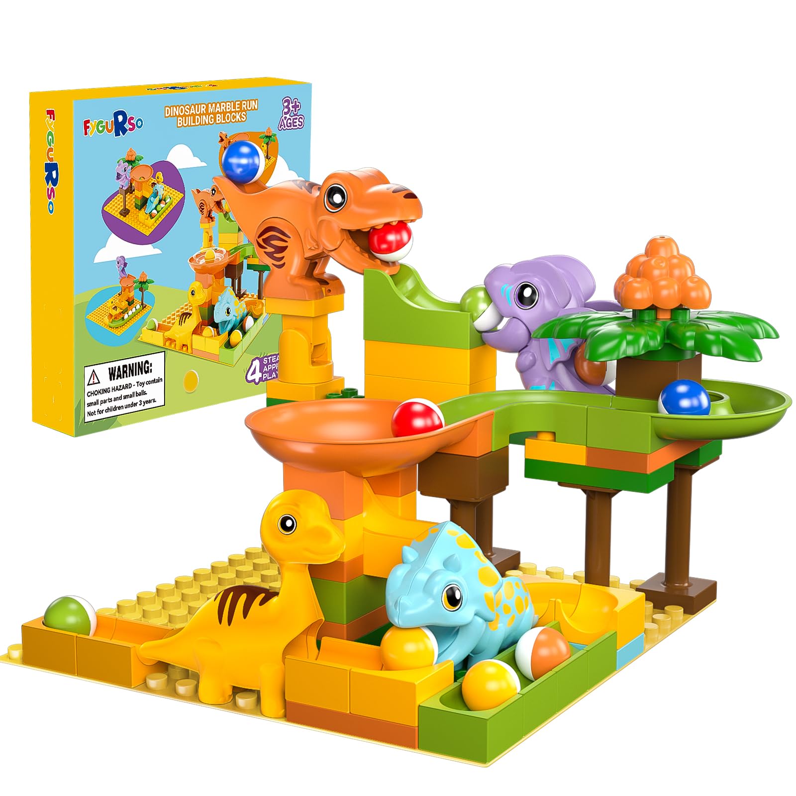 Fygurso gift-ready dinosaur marble run in yellow packaging inspires discovery