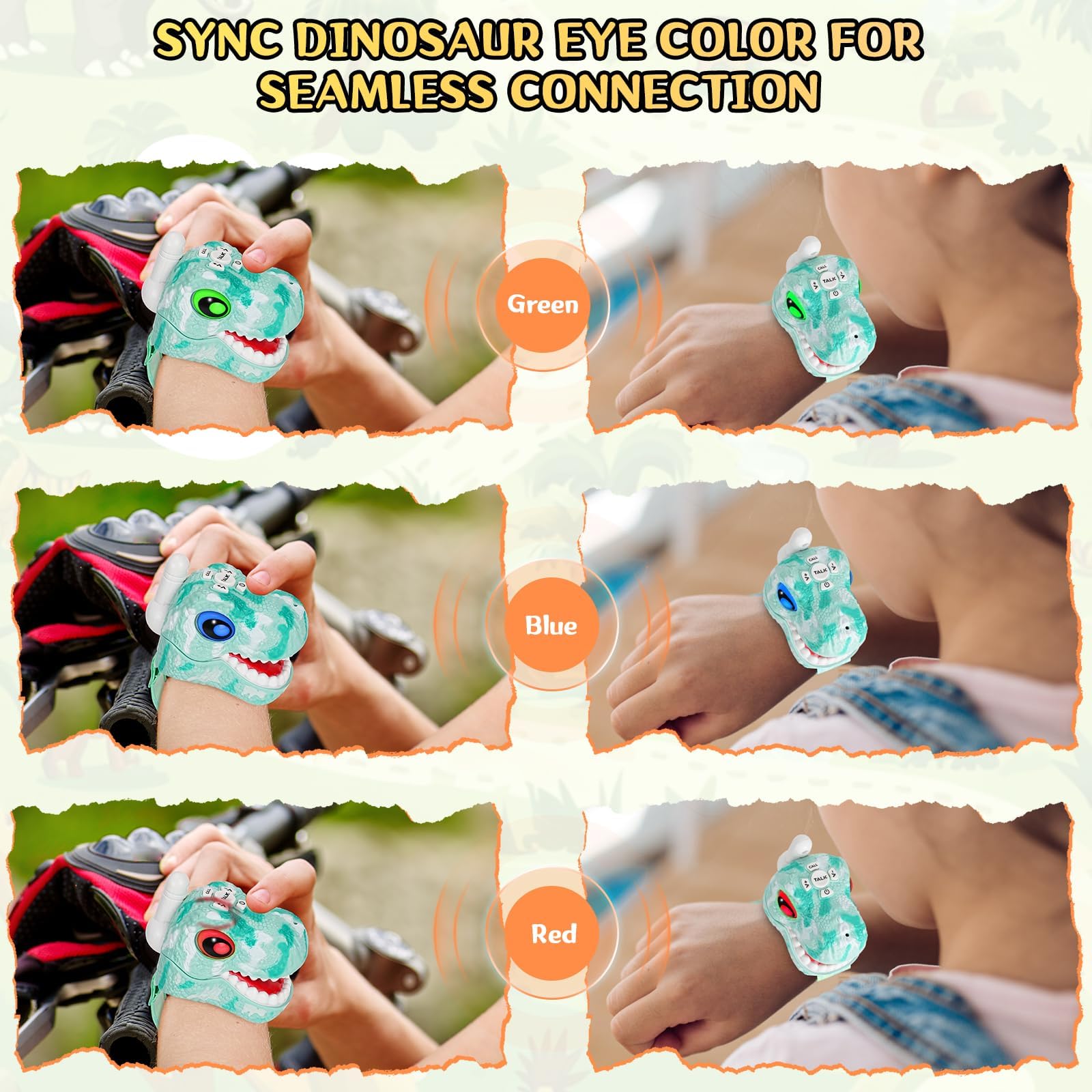Fygurso kids walkie talkies blue dinosaur control dial shown for volume adjustment