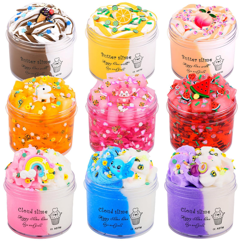 FYJIEKRIGOK 9-pack slime kit display showcases vibrant colors for creative play.