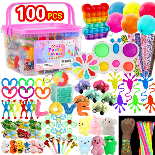 fyjous 100 piece fidget toys pack shown in a sturdy storage box for classroom prizes
