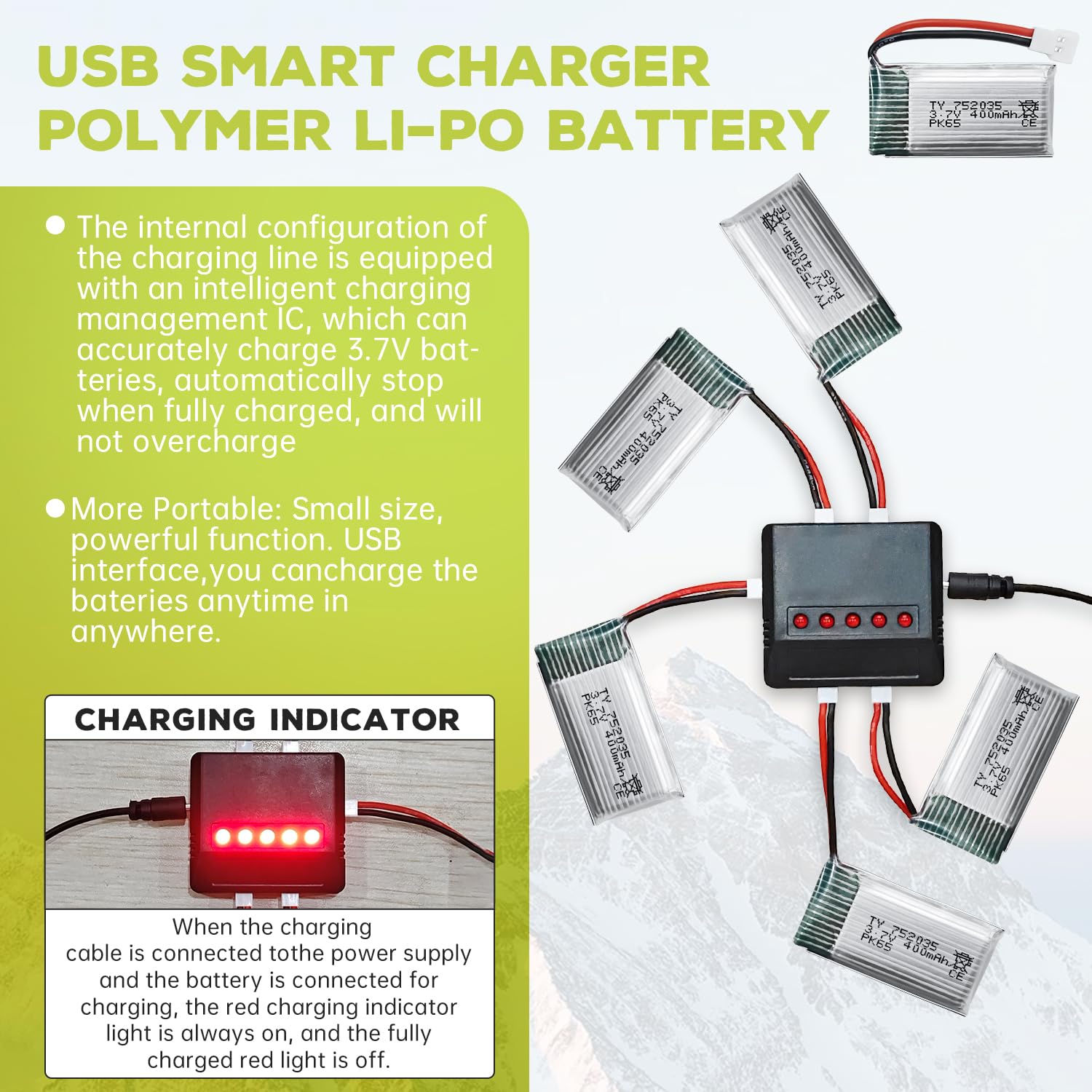 Fytoo 5-in-1 charger showing charging indicators for SYMA models