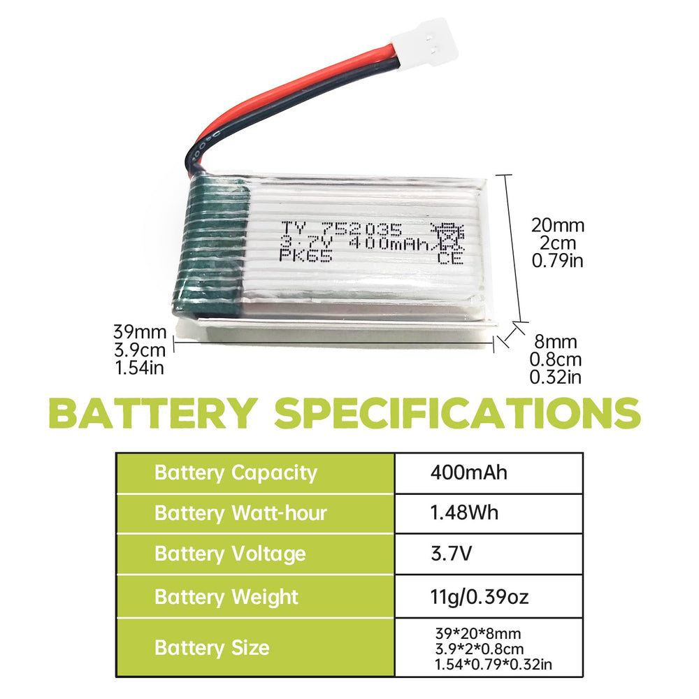 Fytoo 3.7V 400mAh battery close-up with charger for H99W drone