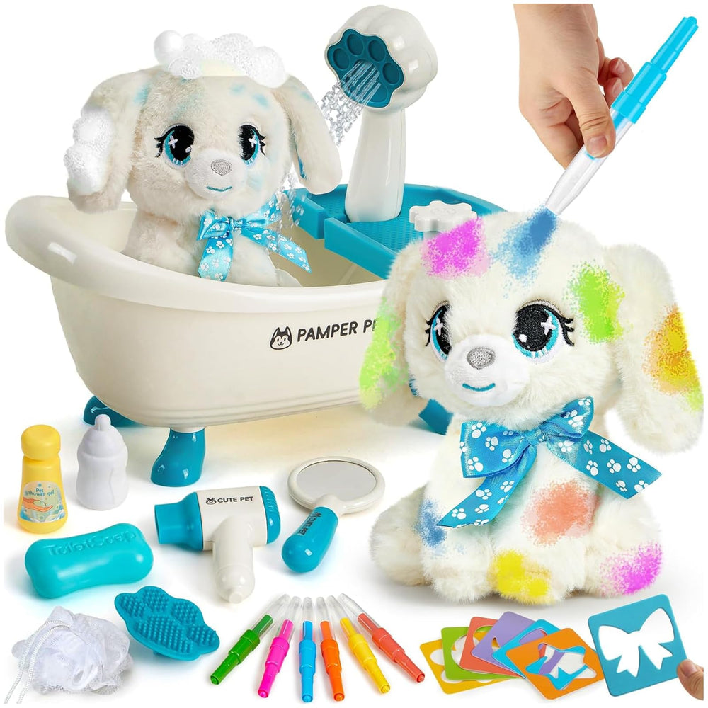 G.C Paint-Wash-Recolor dog plush toy in bath scene for pretend play and color exploration.