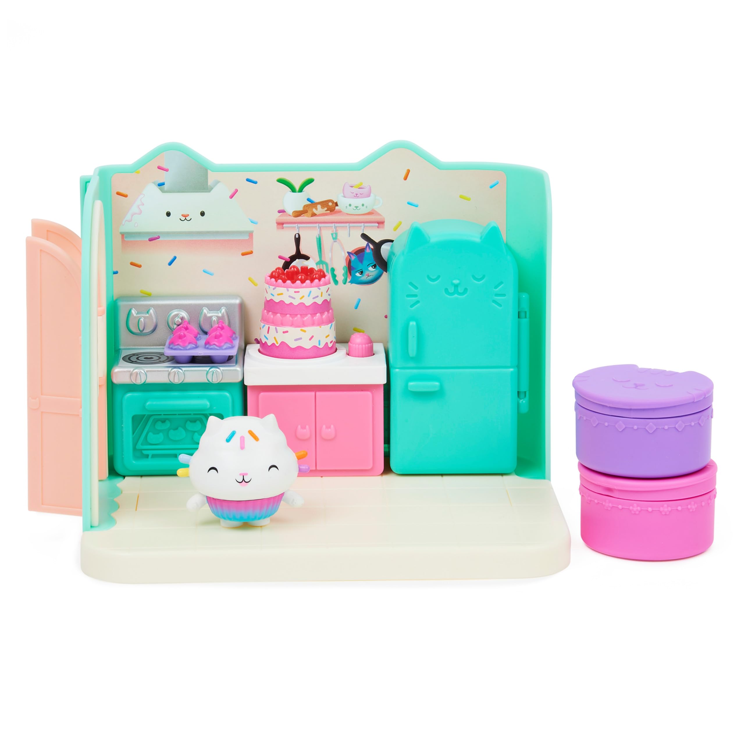 Gabby’s Dollhouse Bakey Kitchen oven opens for pretend treats and baking play.