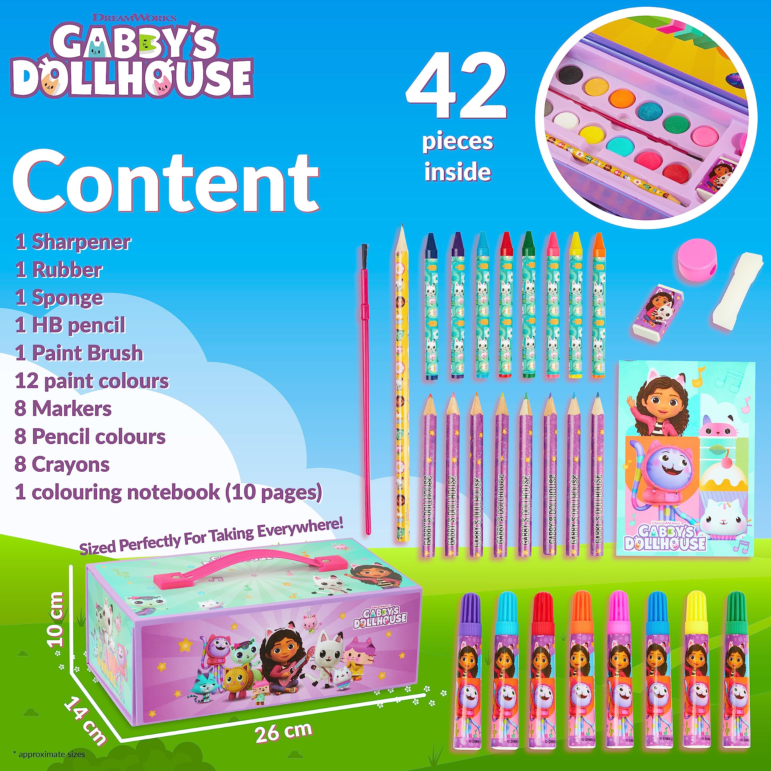 Gabby Dollhouse carry case keeps art supplies organized for on-the-go crafts.